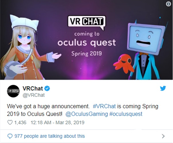 VRChat确认将于今年春季登录到Oculus Quest